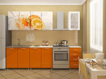 Кухонный гарнитур 1,6м Апельсин (Белый/Оранжевый металлик/Фотопечать апельсин) в Новолуговом - novolugovoe.mebel54.com | фото